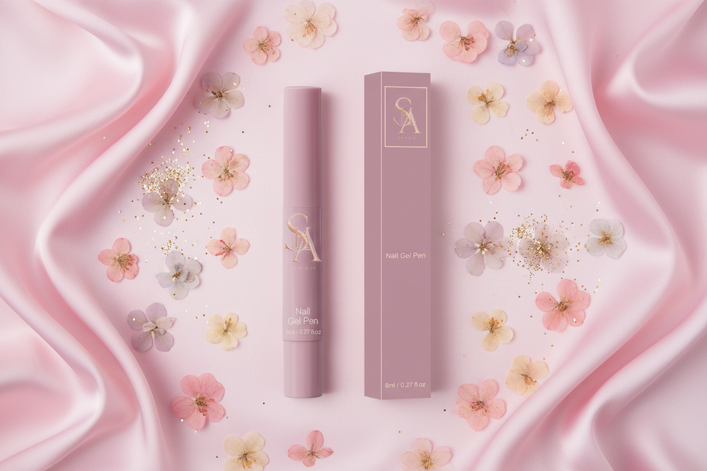 Nail Gel Pen SA - Flat lay sur soie rose
